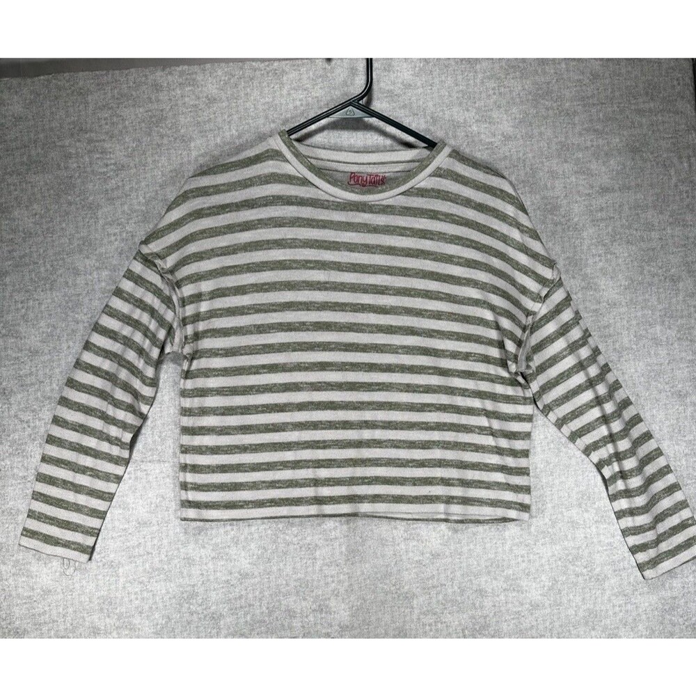Pony Tails Junior’s Green/ White Striped Long Sleeve Crop Sweater Size M 10/12